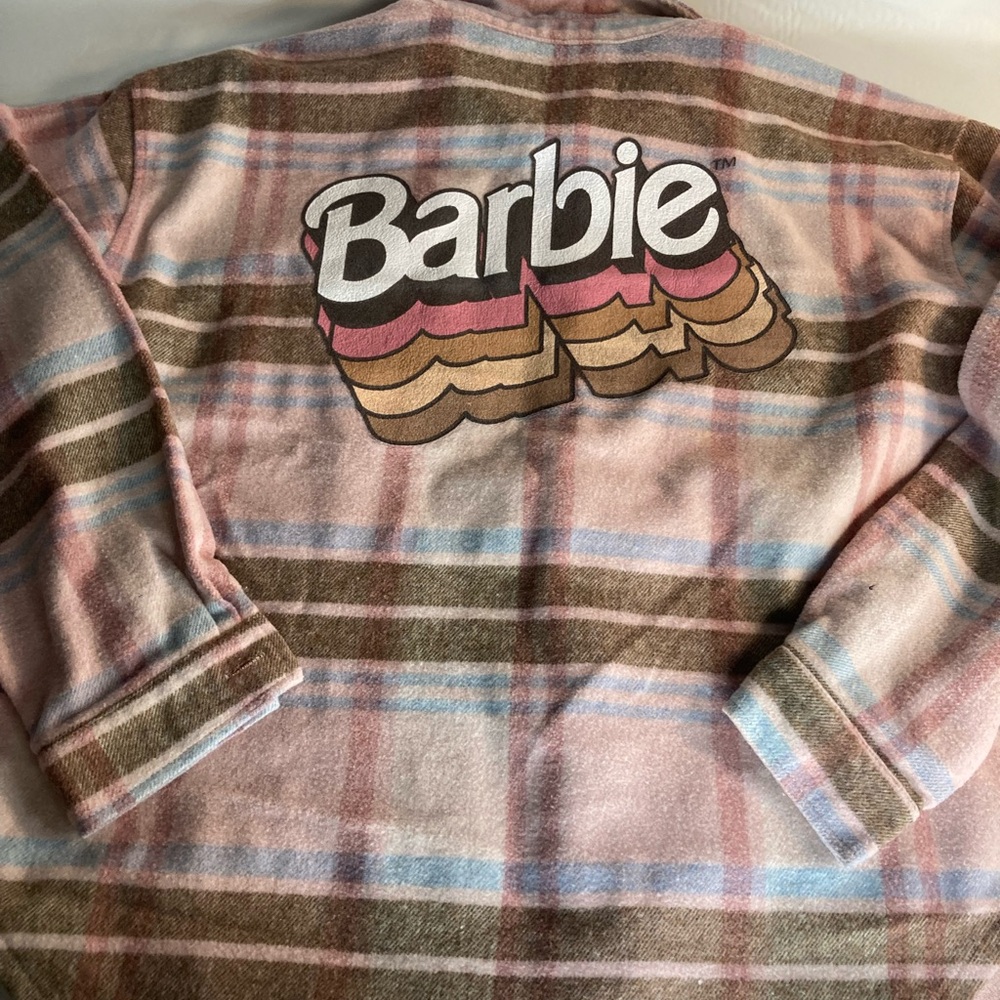 Barbie Women's Barbie Plaid Pink Brown Blue Flannel Shacket  LARGE